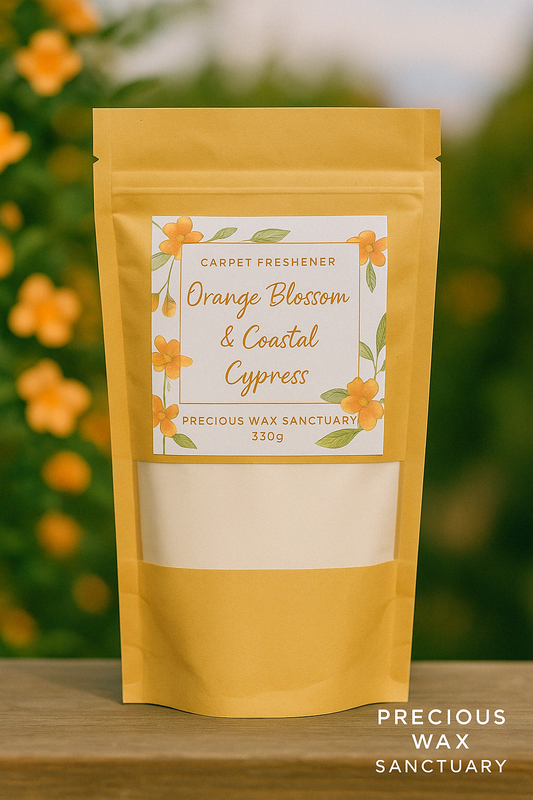Carpet freshener Orange Blossom and Coastal Cypress, with images of orange blossoms and cypress trees highlighting its floral and woody fragrance.