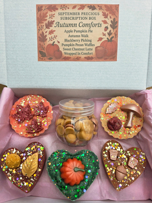 Autumn Comforts Wax Melts Box with cozy scents like Apple Pumpkin Pie, Autumn Walk, Blackberry Picking, Pumpkin Waffles, Chestnut Latte, and more.