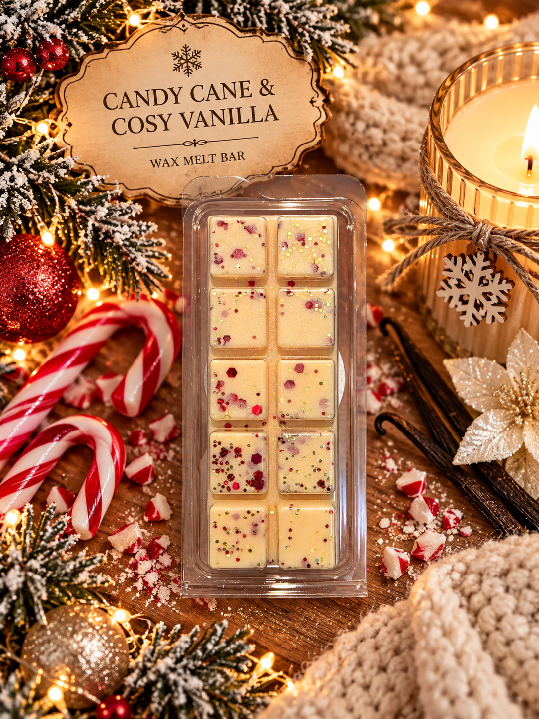 Candy Cane and Cosy Vanilla Wax Melt Bar | Strong Scented Soy Wax Melts UK