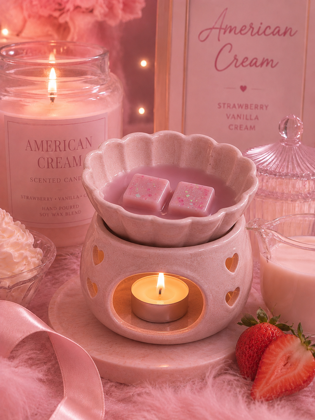 A pink ceramic wax warmer with a small tea light candle burning inside, holding a pink wax melt dish with two square wax cubes. The scene is styled with pink candles, a jar candle labeled American Cream, strawberries, whipped cream, and a sign reading American Cream in a cozy pink setting.