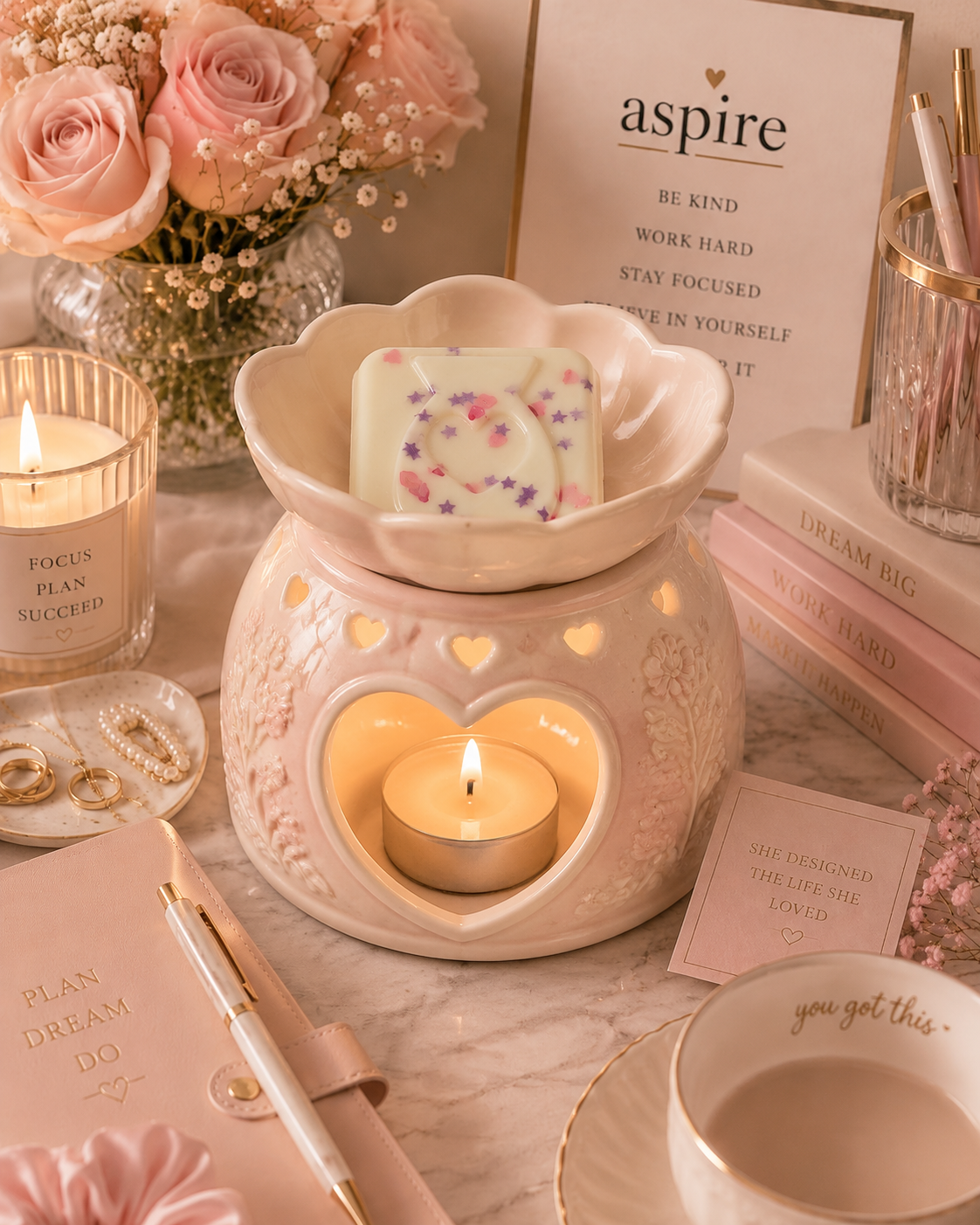 Pink white and purple wax melt sample in burner surrounded by aspirations decor.