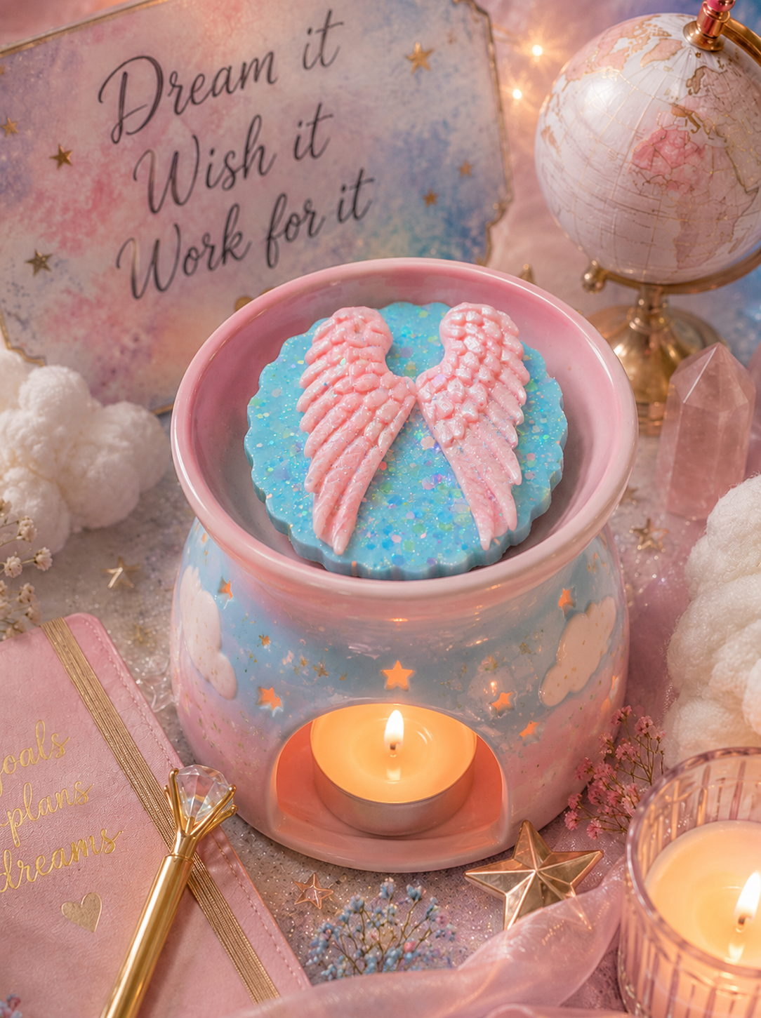 Pink and blue aspirations wax melt with angel wings in burner with magical background theme.