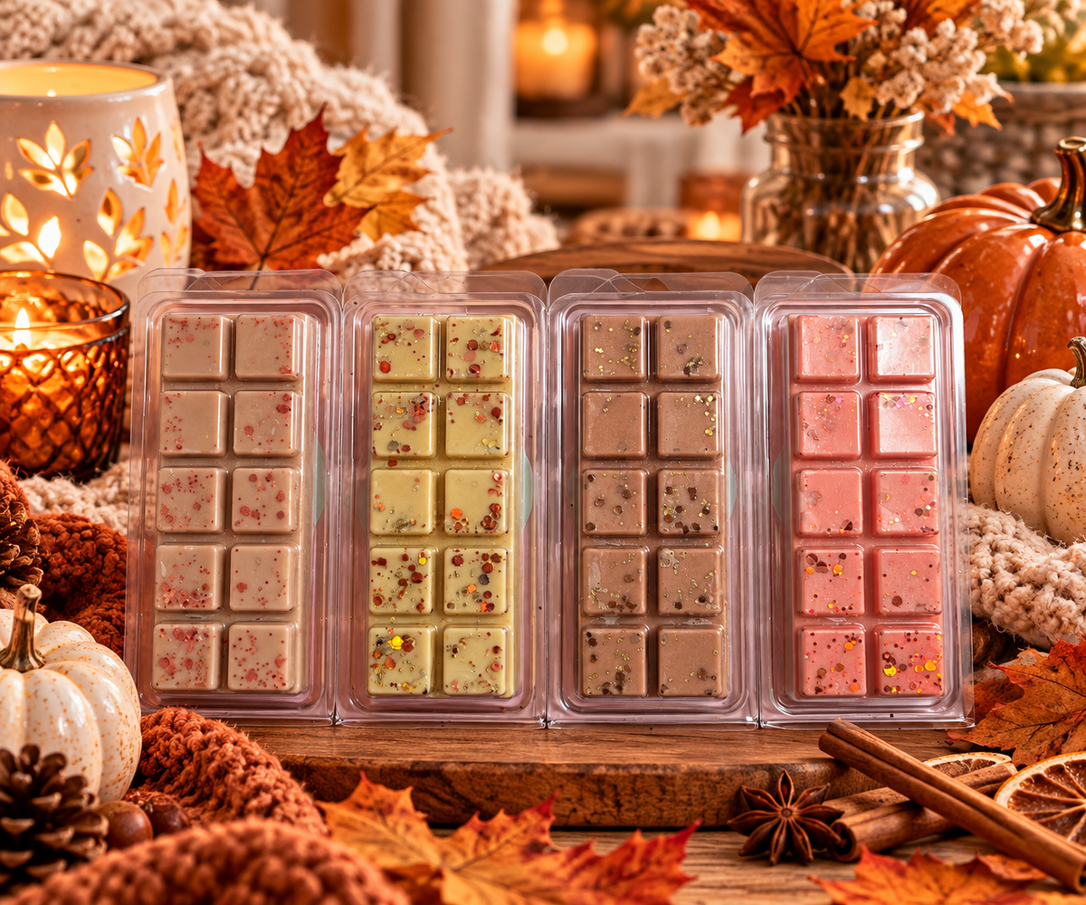Four clear plastic clamshell packages containing assorted wax melts, arranged side by side on a wooden surface. The wax melts come in four colors: beige with red and yellow specks, pale yellow with red and yellow specks, medium brown with dark specks, and pink with red specks.