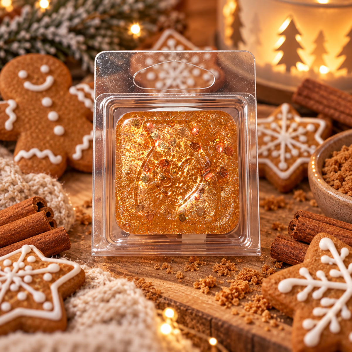 baked gingerbread gel wax melt with decorative festive background.