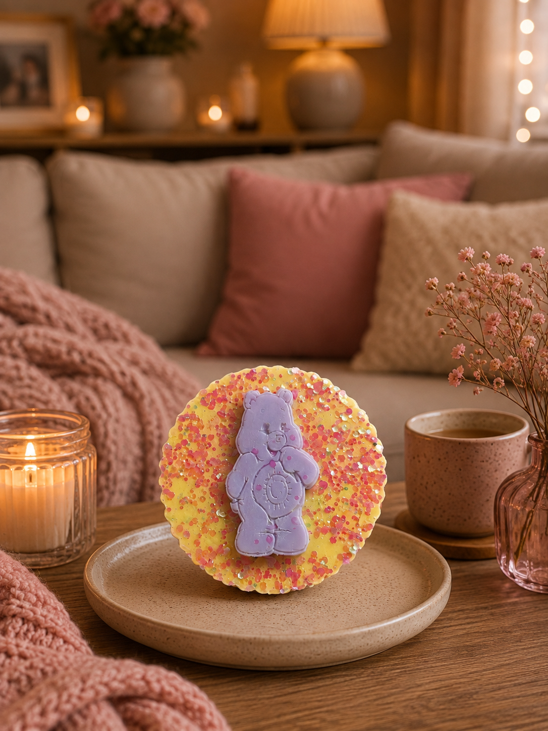 A round yellow wax melt with pink glitter and a purple teddy bear figure in the center, displayed on a beige ceramic plate on a wooden table in a cozy living room setting with candles and pillows.
