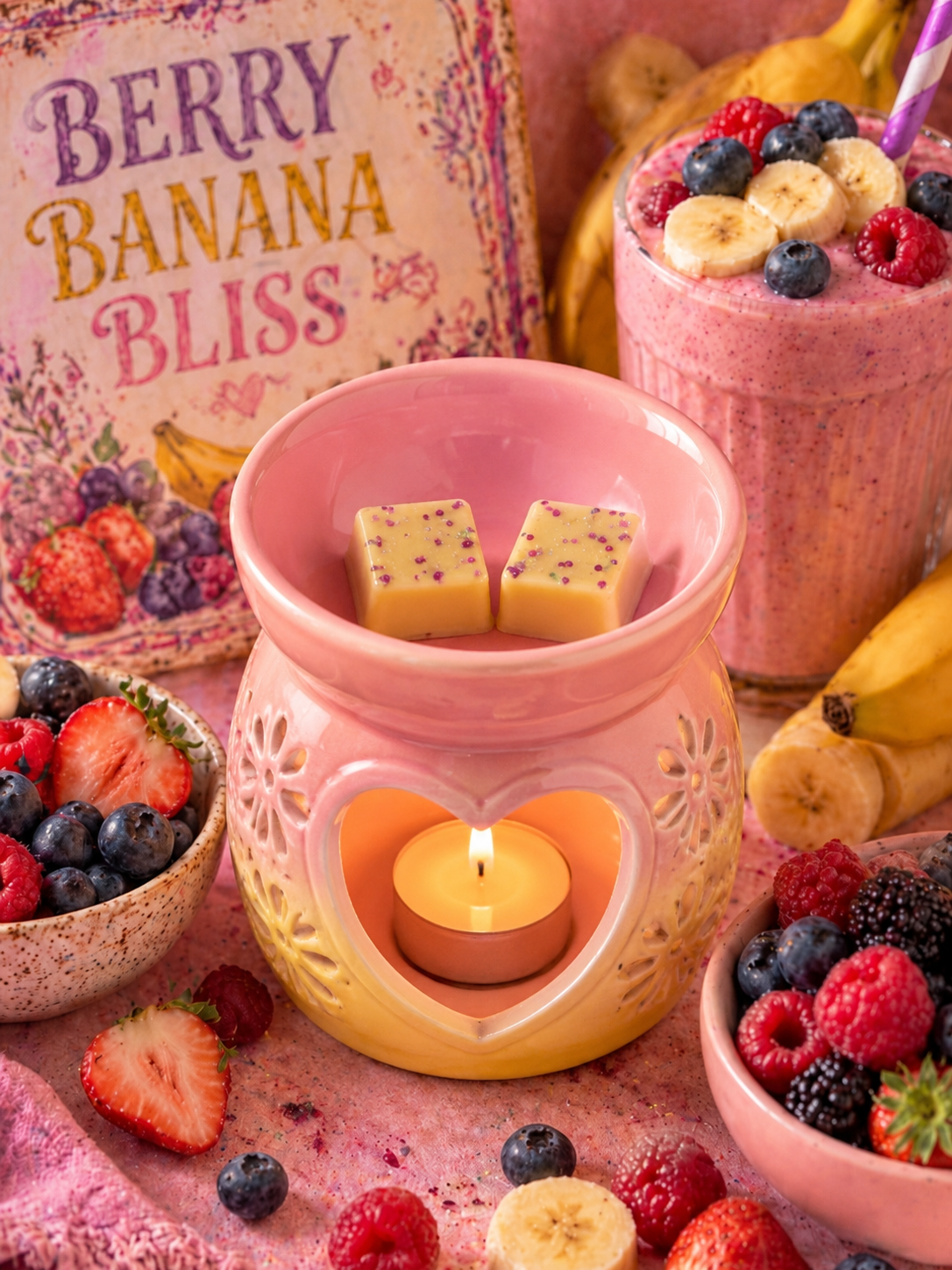 A pink and yellow heart-shaped wax warmer with a lit tealight candle and wax melts, shown with fruit and berry smoothies and a 'Berry Banana Bliss' box in a styled setting.