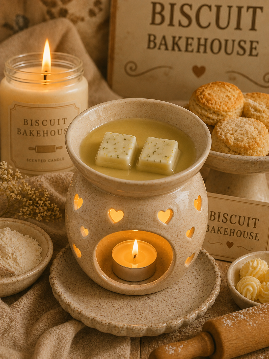 biscuit bakehouse wax melt in wax melt warmer with cosy candle, bakery background theme.