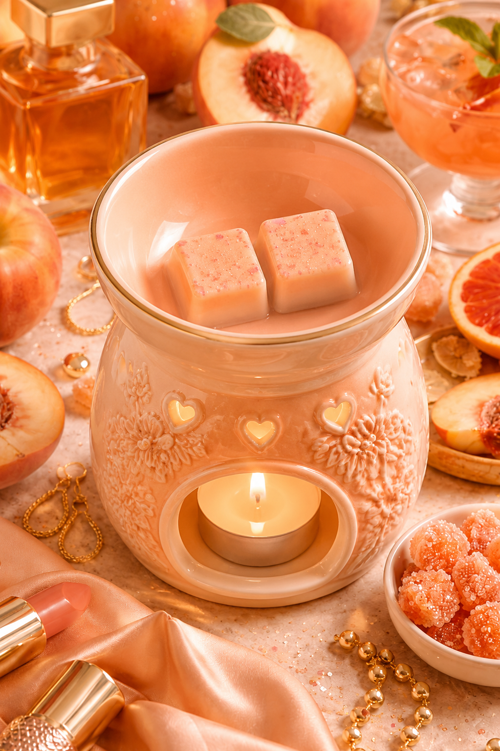 Bitter peach wax melts in burner surrounded by perfume, peach and girly items.