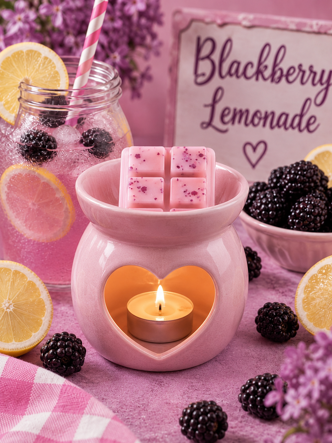 Pink wax melts in a heart-shaped ceramic warmer with a lit tealight candle, styled with blackberries, lemon slices, and a pink sign reading 'Blackberry Lemonade'.