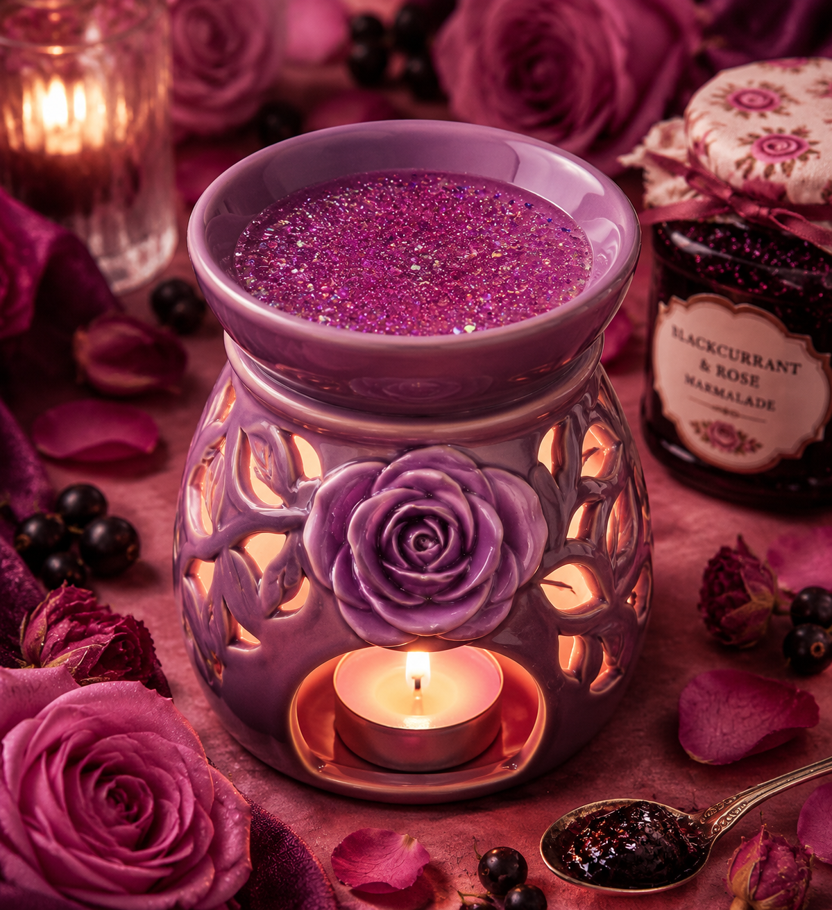 Blackcurrant and rose marmalade gel wax melt in burner with matching marmalade and rose theme.