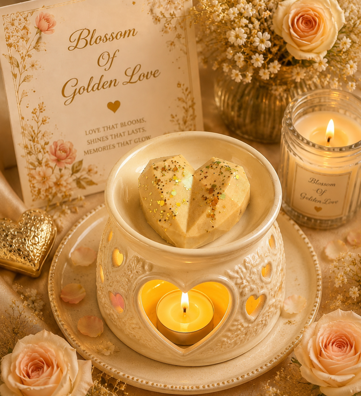 A warm, romantic product arrangement featuring a cream-colored ceramic heart-shaped wax melt with a lit tealight candle inside, topped with a faceted heart-shaped candle sprinkled with glitter. The set is styled with a matching floral 'Blossom of Golden Love' card, a gold glitter heart, and a glass jar candle on a decorative plate with pink roses and baby's breath in the background.