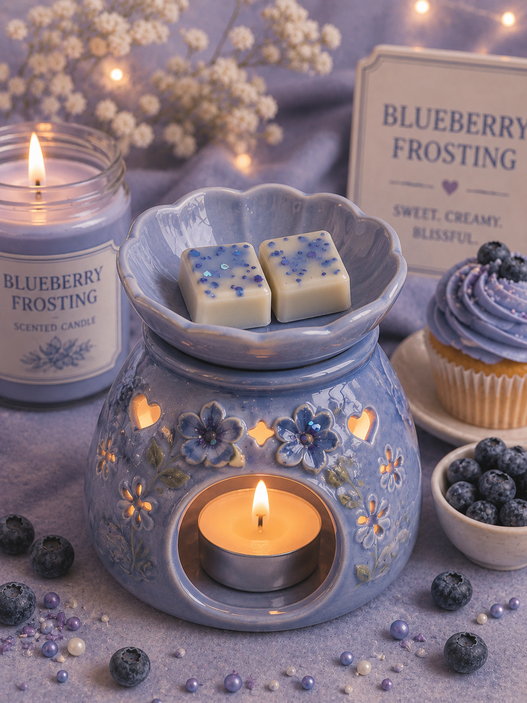blueberry frosting wax melts in pretty blue burner with blueberry frosting candle and cupcake in background.