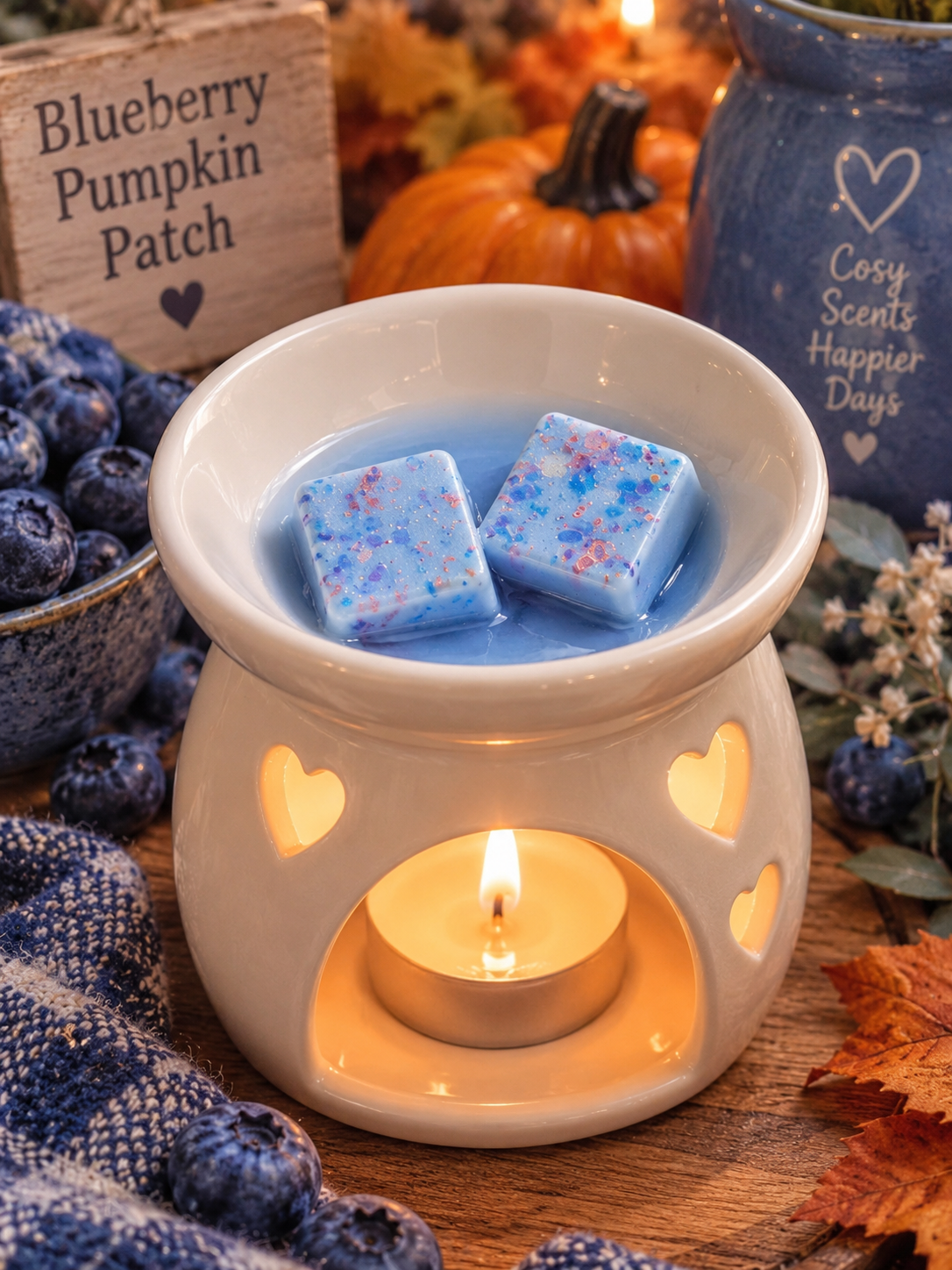 A ceramic candle warmer with a lit tealight candle and two blue wax cubes with pink and purple speckles inside, styled with blueberries, autumn leaves, pumpkins, and a sign reading 'Blueberry Pumpkin Patch.'.
