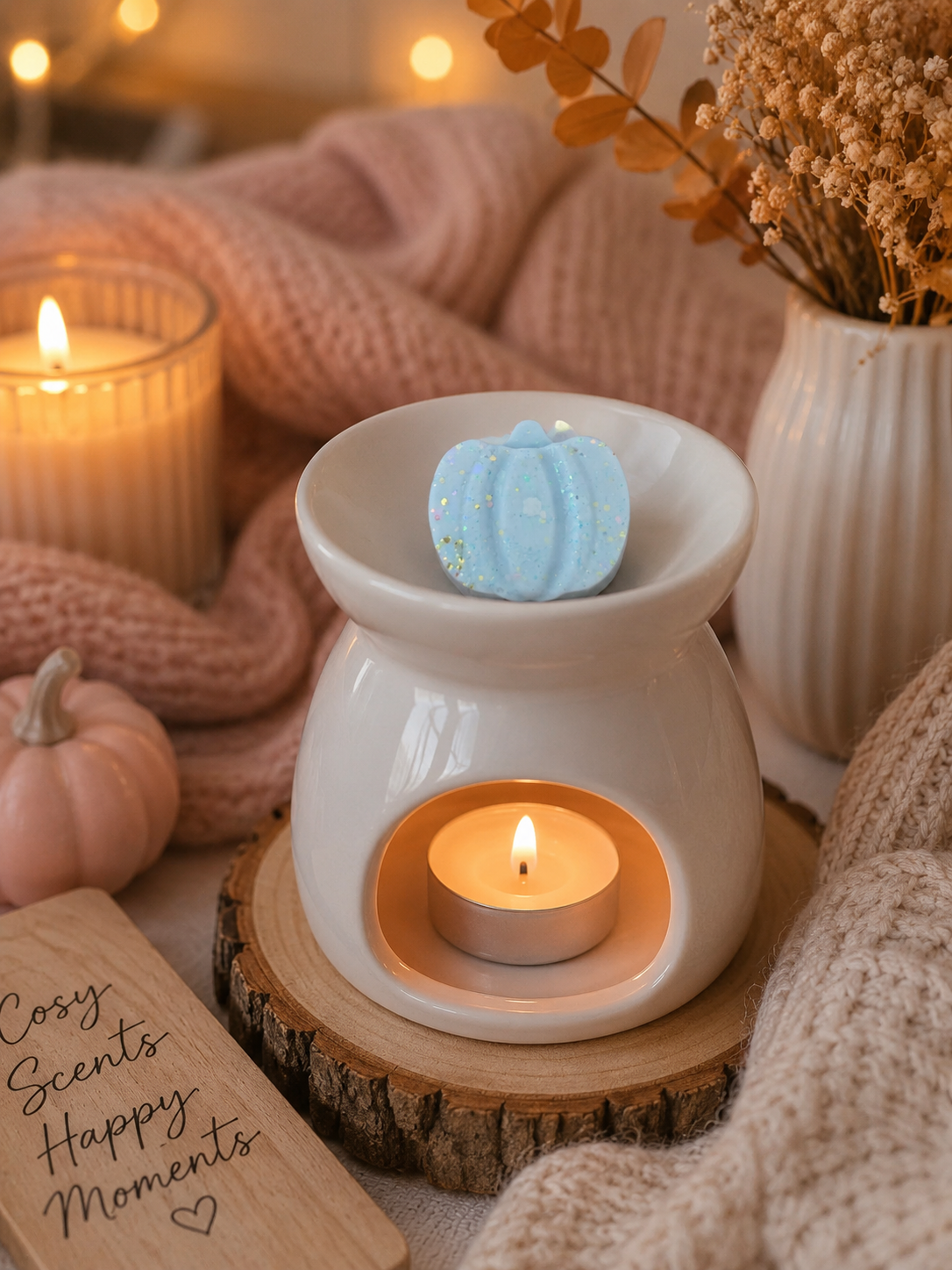 A white ceramic wax warmer with a lit tea light candle inside, topped with a small blue pumpkin wax melt. The warmer sits on a rustic wood slice surrounded by cozy props including a pink knit blanket, a lit candle in a glass jar, dried flowers in a vase, and a wooden sign that reads 'Cosy Scents Happy Moments'.