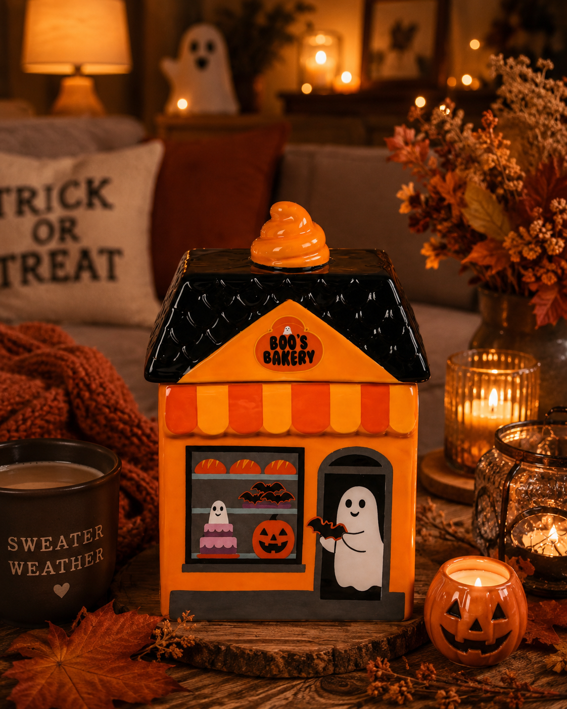 A Halloween-themed ceramic wax and oil burner shaped like 'Boo's Bakery' with a ghost figure, styled on a rustic wooden surface with candles, autumn leaves, and cozy home decor in the background.
