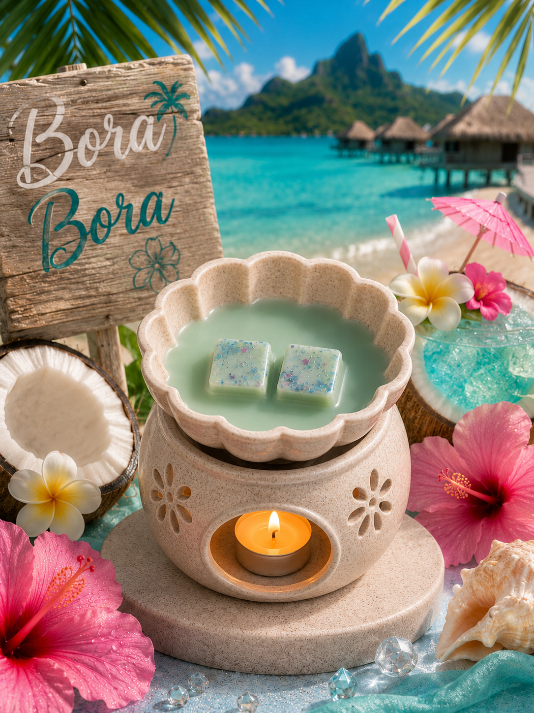 A tropical-themed wax melt set featuring a beige stone fragrance burner with a lit tealight candle, two ice cubes in mint green wax, a wooden 'Bora Bora' sign, hibiscus flowers, a coconut shell, and a beach backdrop with overwater bungalows.