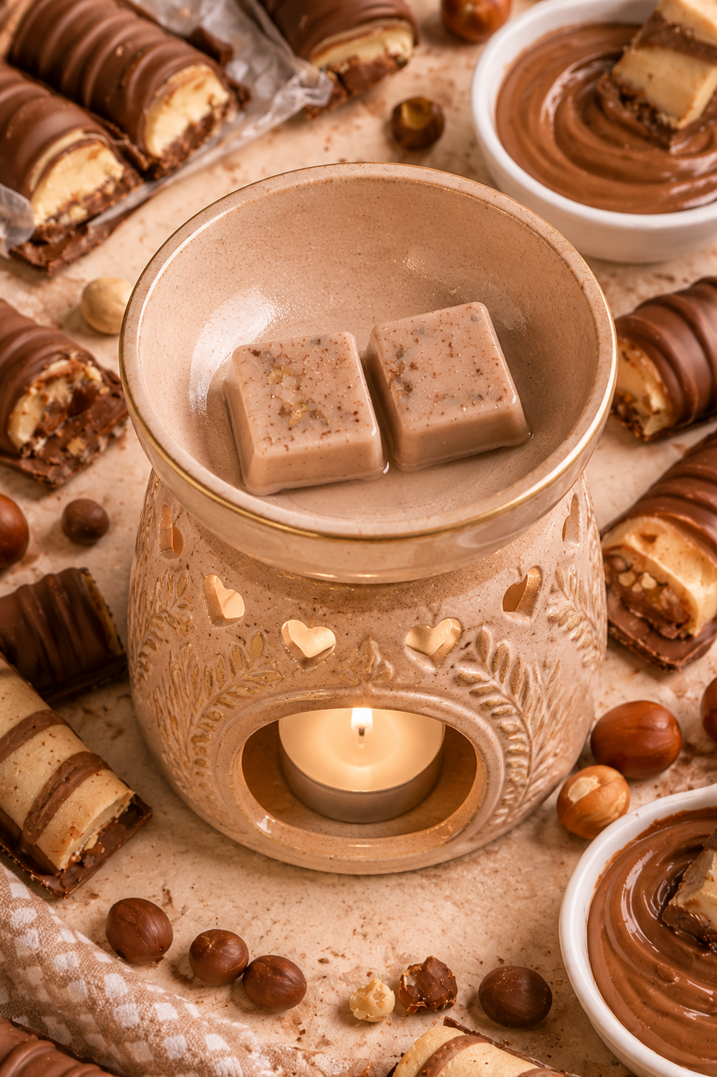 Bueno bliss wax melts in burner surrounded by chocolate and hazelnuts.