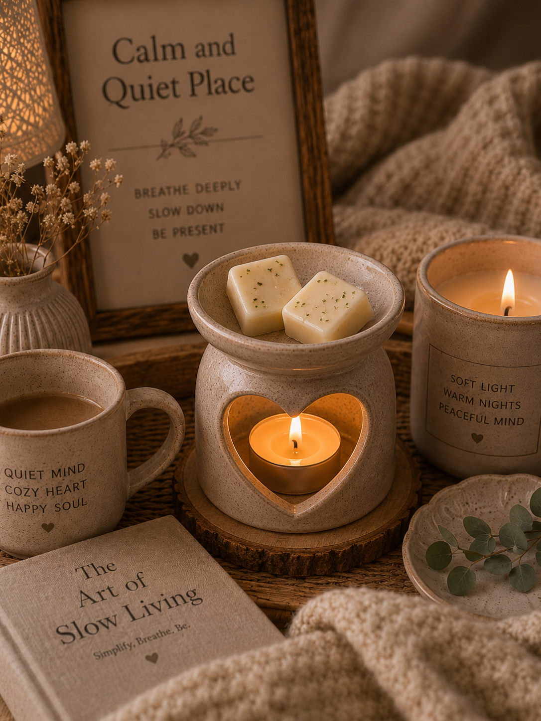 A cozy tabletop scene with a ceramic candle warmer holding a lit tealight candle and two small wax melts, surrounded by matching home decor including a candle, mug, framed sign reading 'Calm and Quiet Place,' and a book titled 'The Art of Slow Living.'.