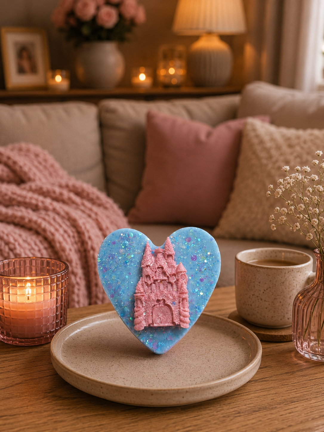 A heart-shaped blue glittery wax melt with a pink castle design in the center, displayed on a ceramic plate on a wooden table in a cozy living room setting.