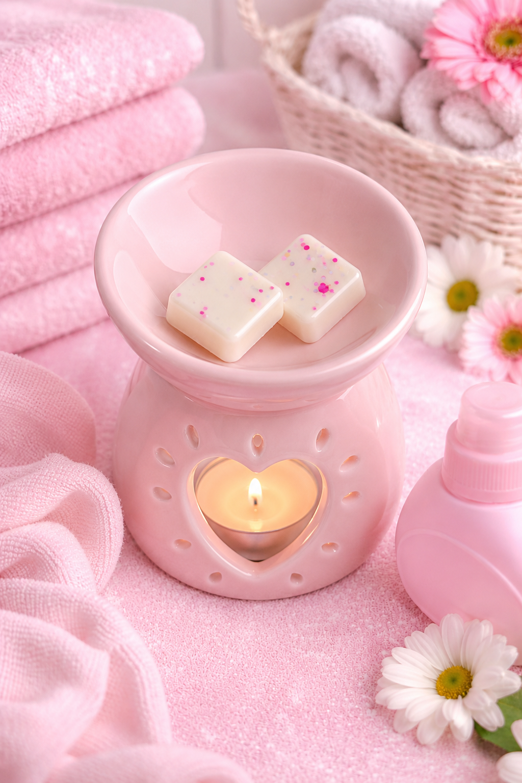 pink wax melts in burner in pink laundry room with roses and flower decor.