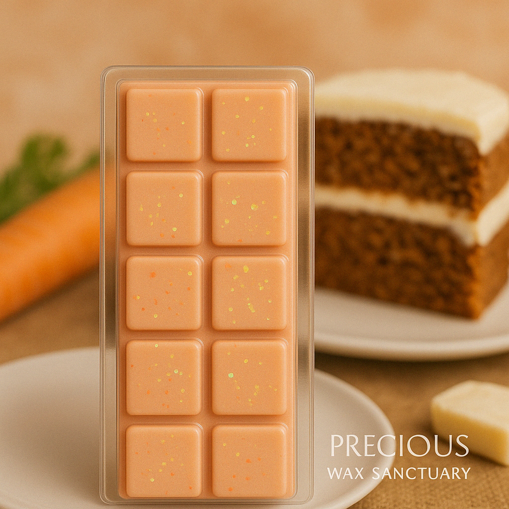 Slice of heaven in a scent! 🥕🍰 Our 'Carrot Cake' wax melt. It's pure warm, spicy, and sweet goodness!
