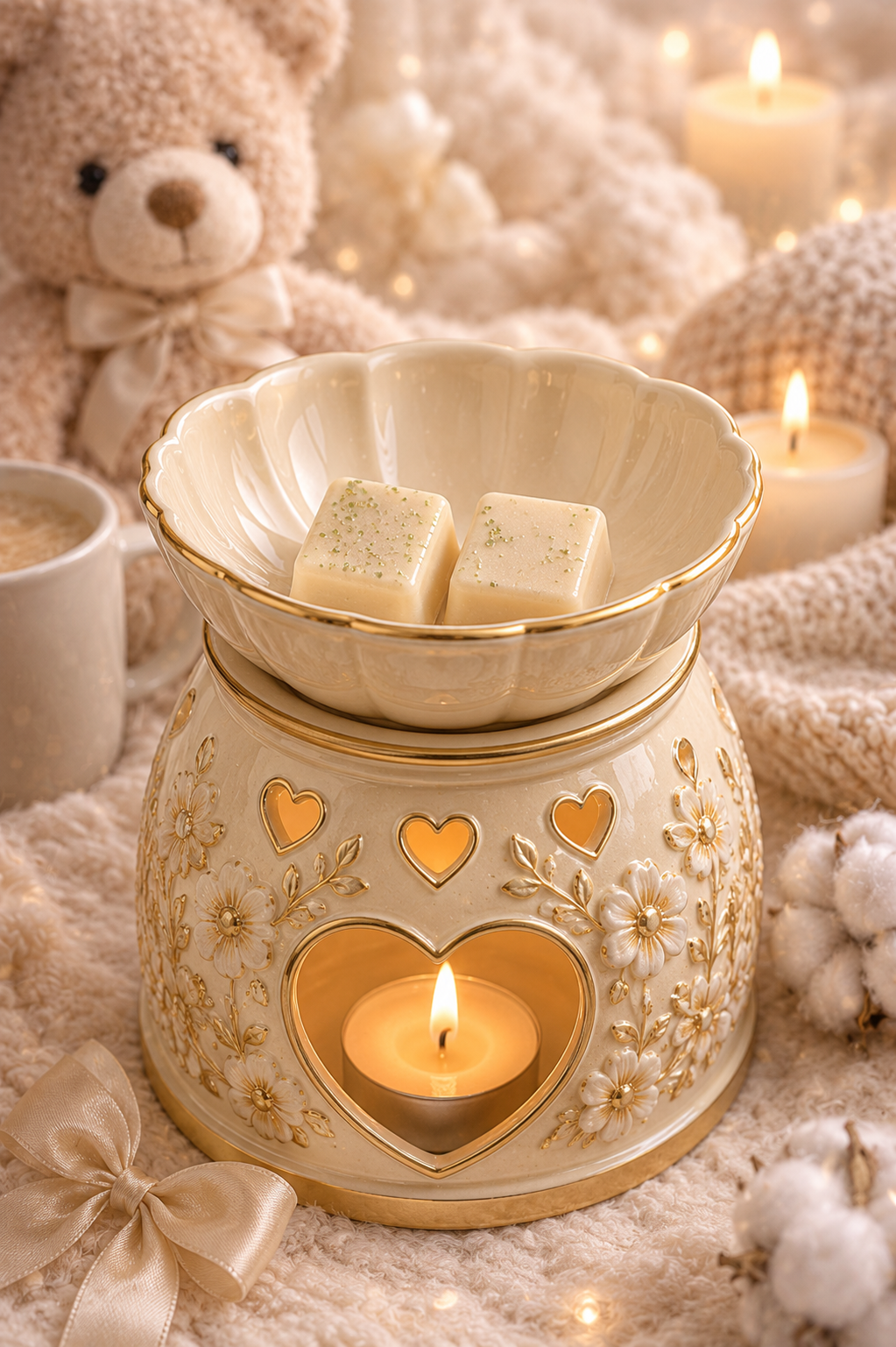 Cosy wax melts in burner with cream cosy background theme.