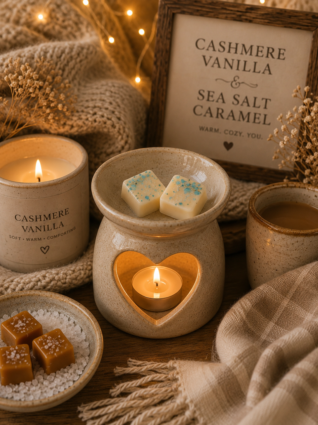 A cozy tabletop arrangement featuring a candle labeled 'Cashmere Vanilla' in a ceramic jar, a wax melt warmer with two cream wax cubes, a small tea light candle glowing in a heart-shaped holder, and a cup of hot cocoa, styled with a knit blanket, dried flowers, and a sign reading 'Cashmere Vanilla & Sea Salt Caramel'.