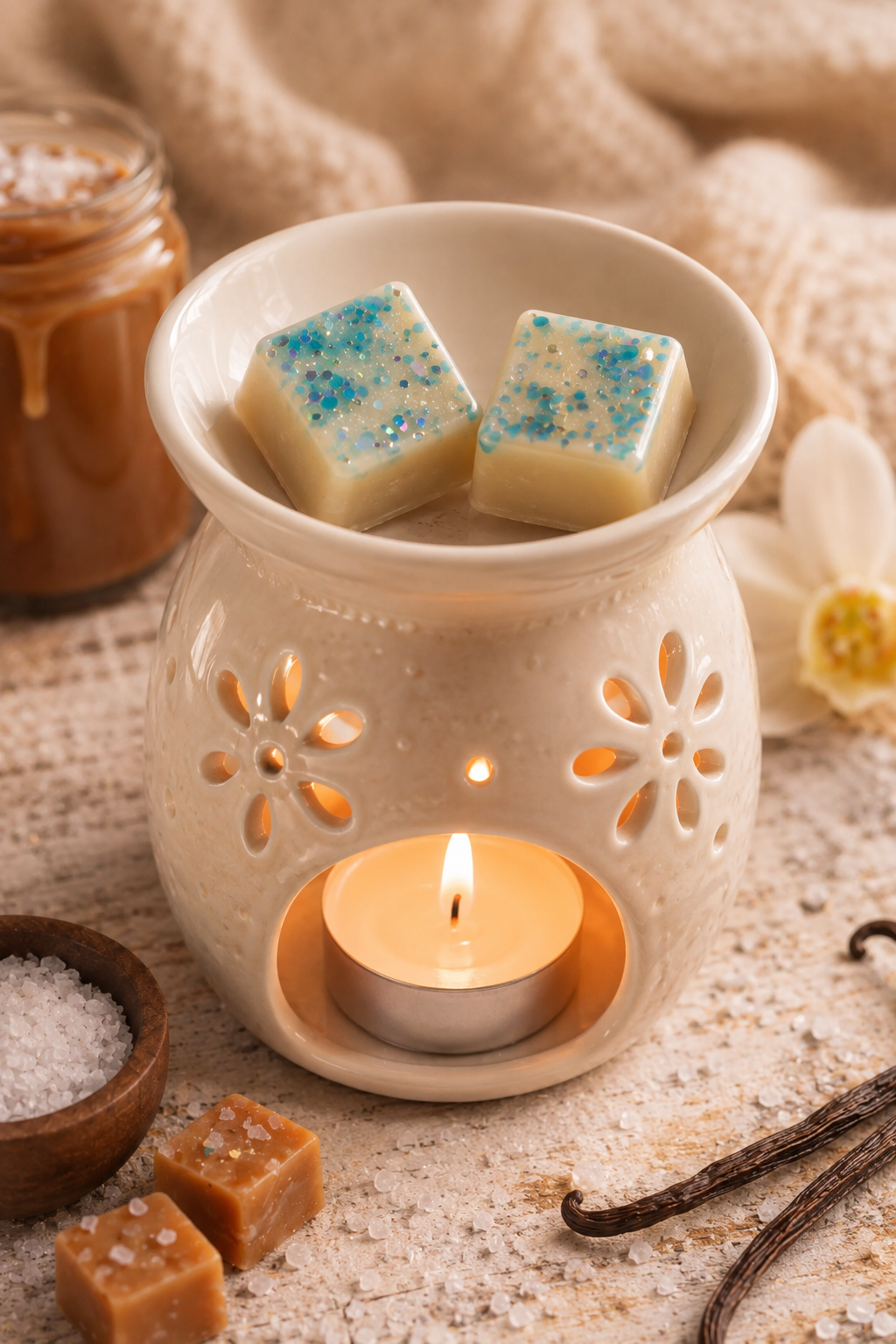 cashmere vanilla wax melts in burner with cosy background.