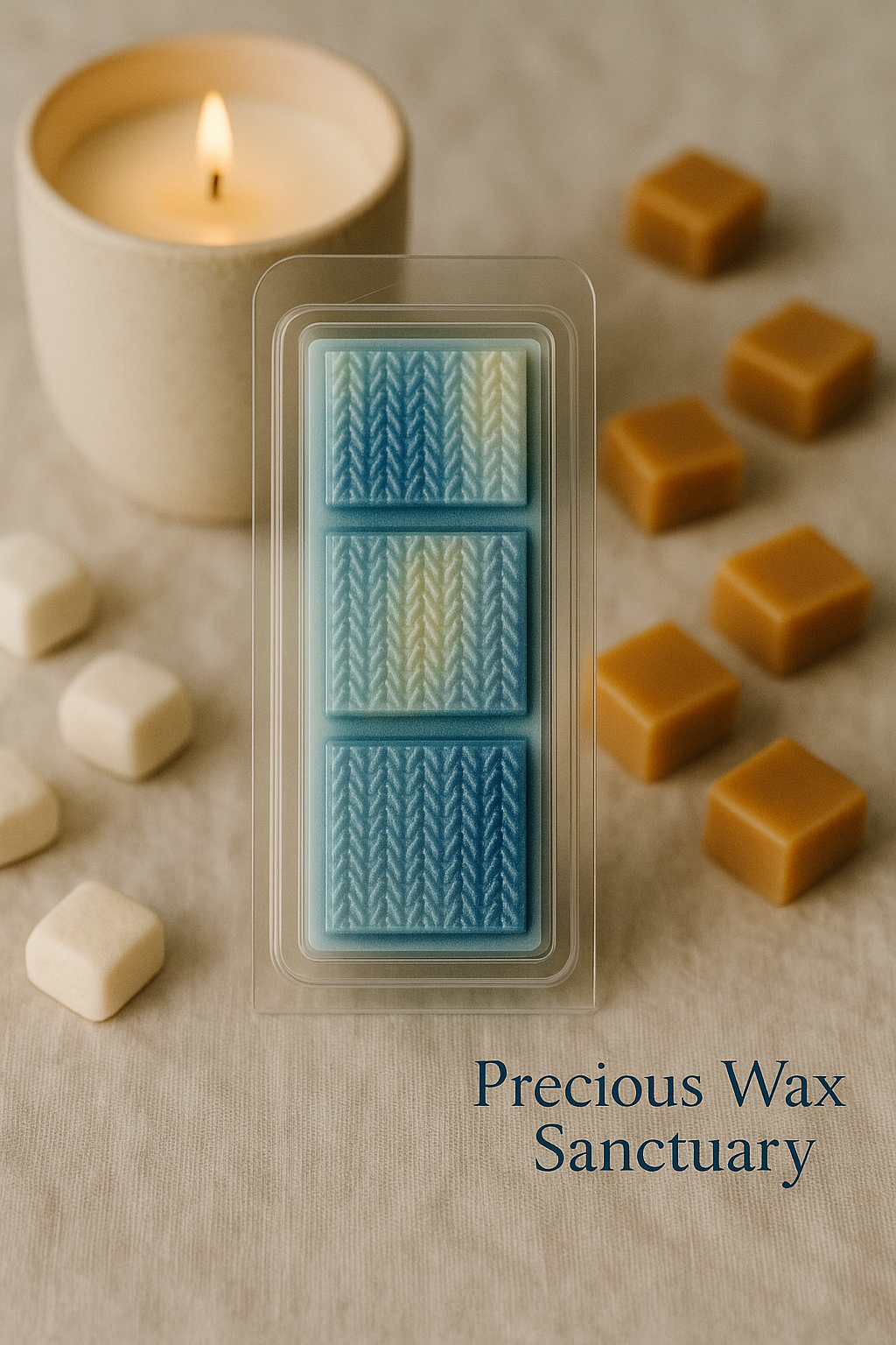Create a warm, inviting, and delightfully luxurious atmosphere. Our 'Cashmere Vanilla and Sea Salt Caramel' wax melt is perfect for a touch of indulgence and a peaceful, comforting vibe.