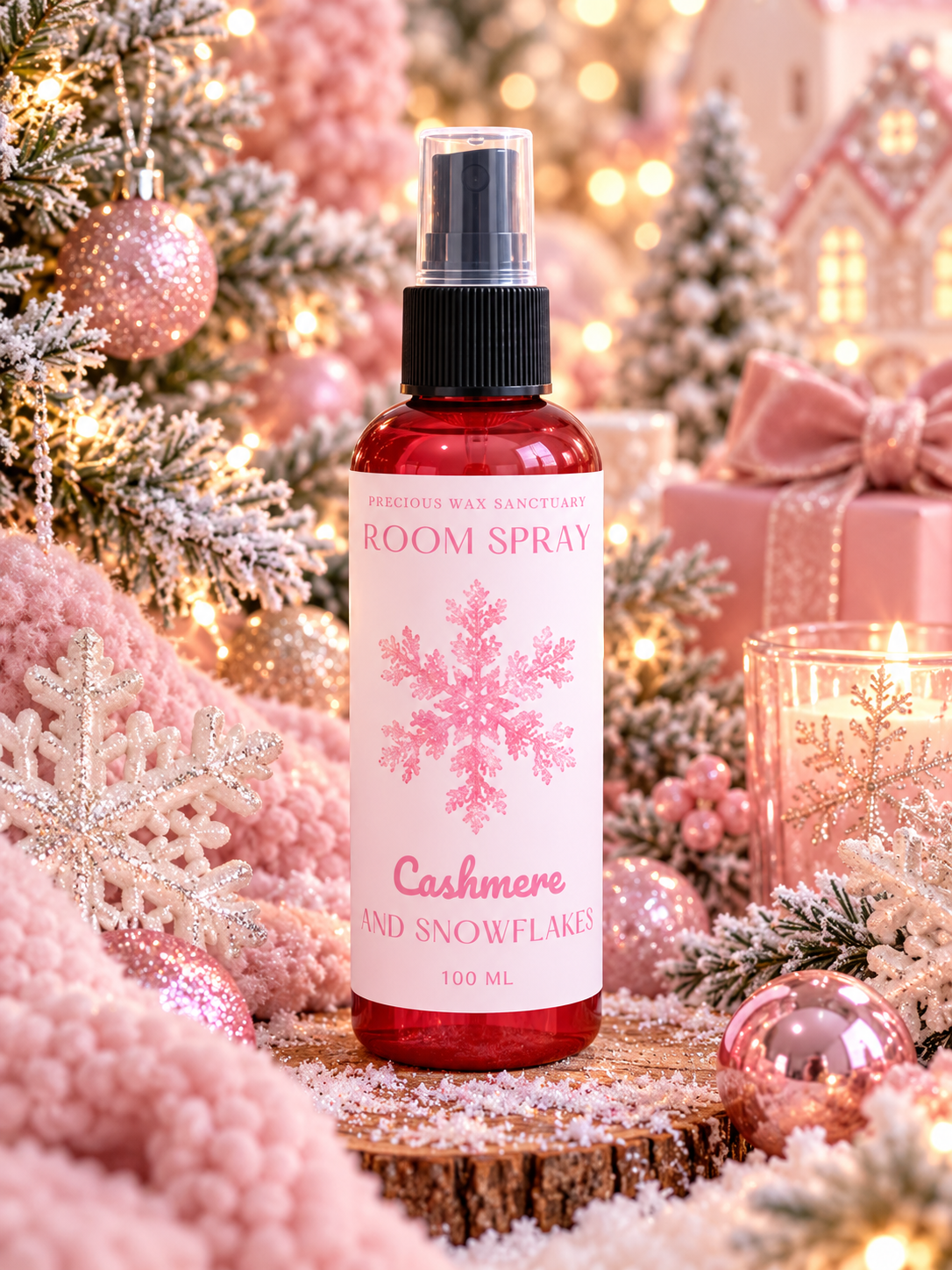 A 100 ml bottle of 'Cashmere and Snowflakes' room spray by 'Jewellery Wax Sanctuary' is displayed in a festive Christmas setting with pink ornaments, a candle, and a gift box.