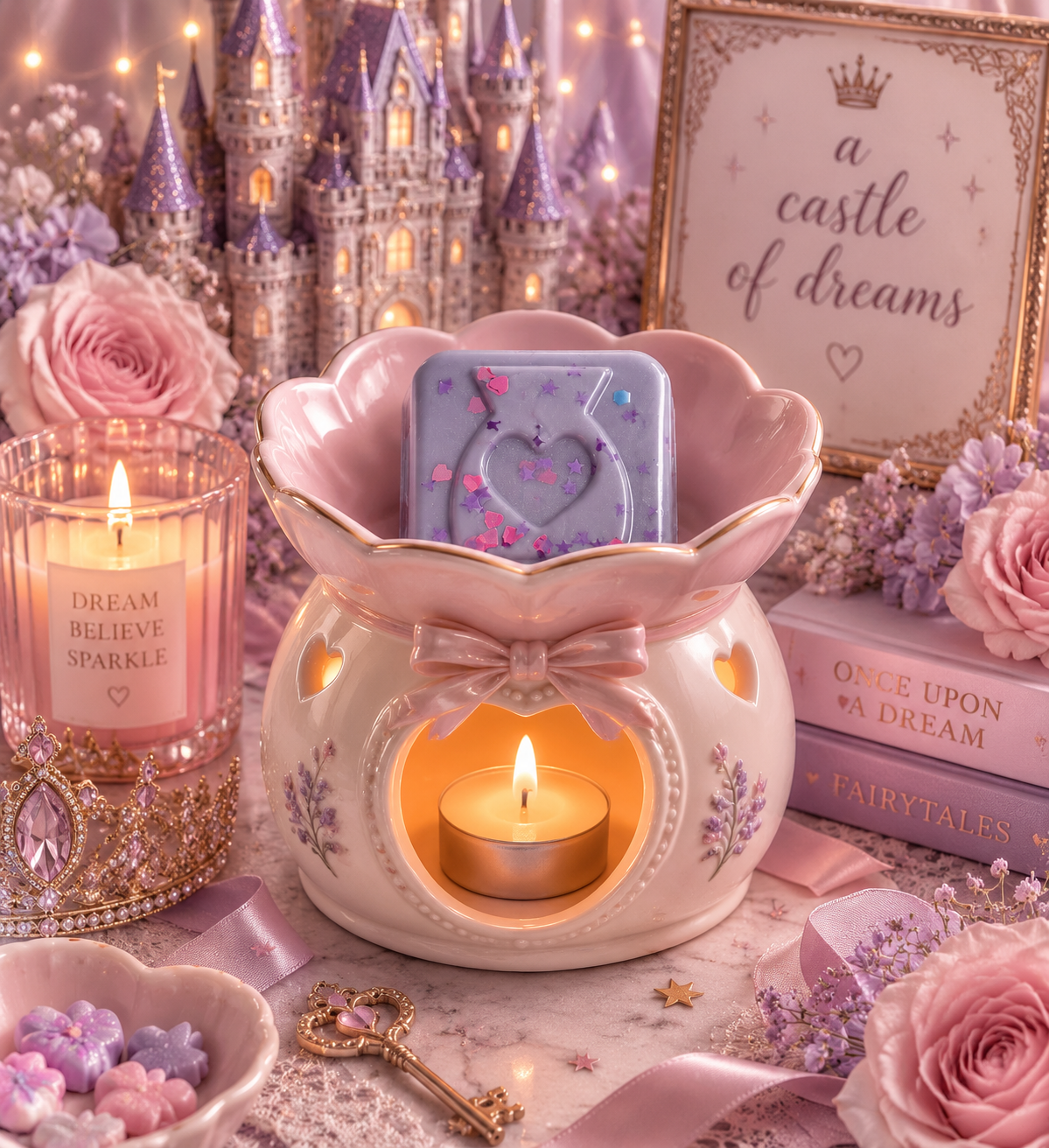 A pastel pink ceramic flower-shaped candle warmer with a bow and lit tealight candle wax melts, styled with pink roses, a lavender heart-shaped soap, a candle jar, books, a crown, and a castle backdrop.