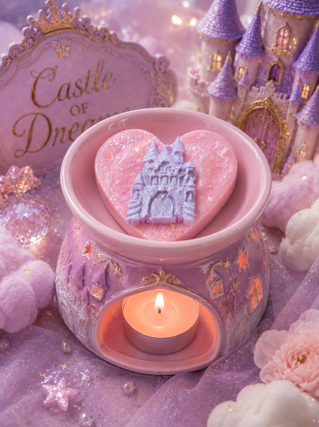 Castle of dreams heart wax melt shape in burner with magical pink and purple castle background theme.