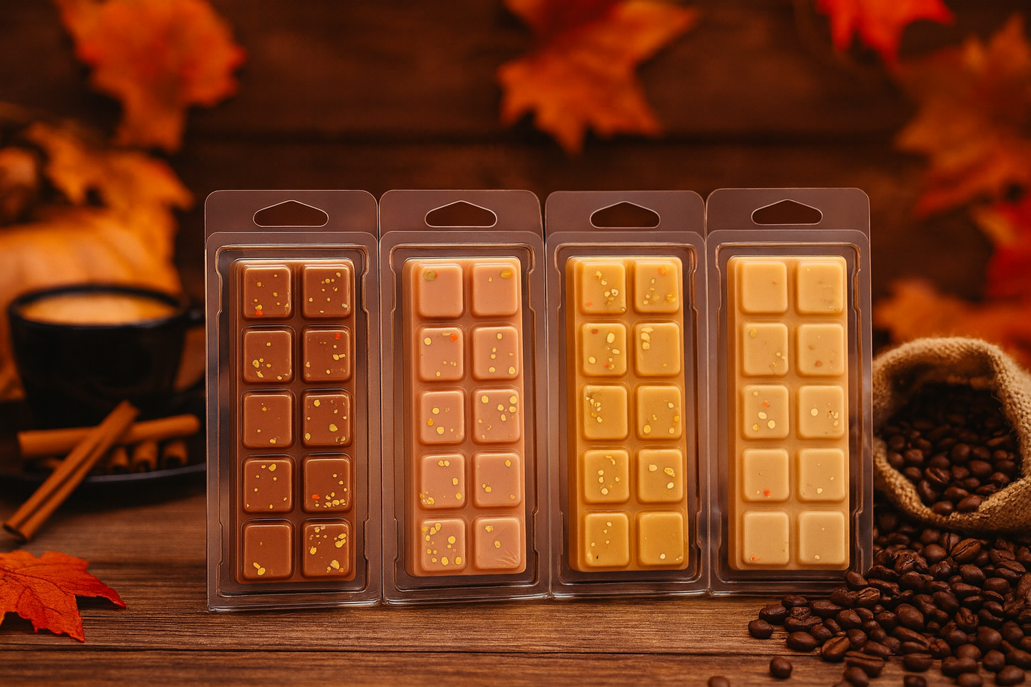 Four packages of wax melts on a wooden surface with autumn leaves and coffee beans in the background.