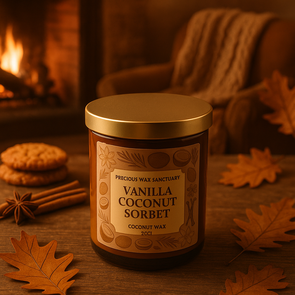 A Vanilla Coconut Sorbet candle featuring creamy coconut, white florals, vanilla, almond, and powdered sugar aromas, creating a luxurious, comforting scent.