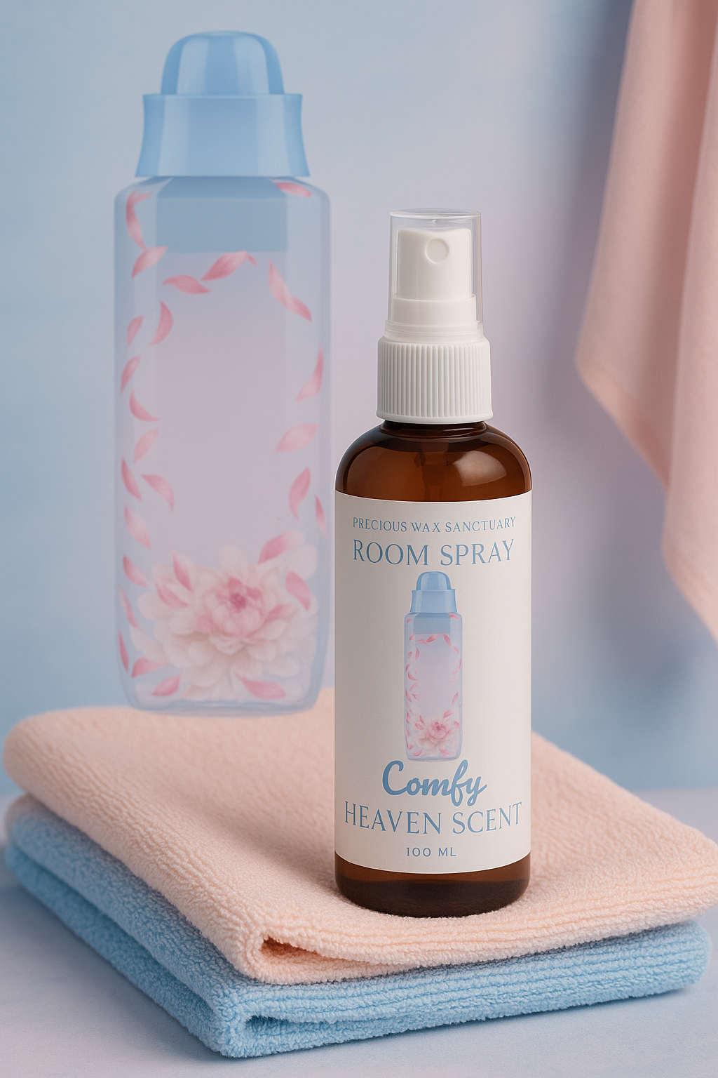 A bottle of Comfy Heaven Scent room spray labeled as a comfort dupe, with soft rose petals, white musk, and earthy patchouli notes depicted around it.
