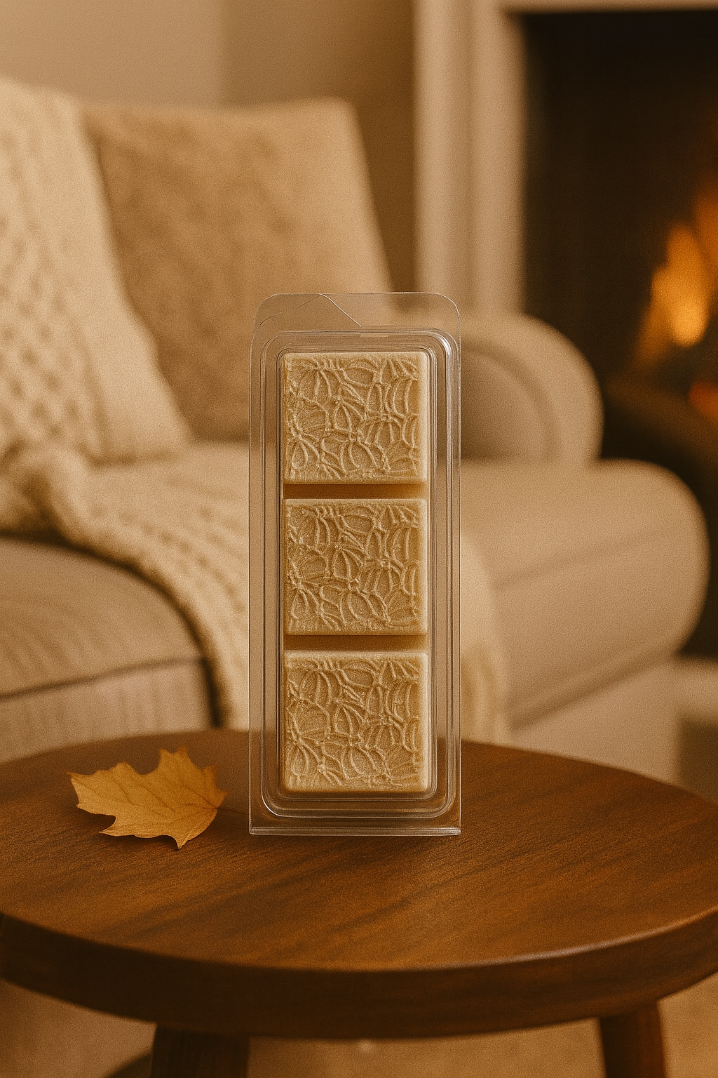A beautifully crafted wax melt bar featuring warm vanilla, sea salt caramel, sandalwood, and tonka beans, designed to create a cozy and luxurious atmosphere.