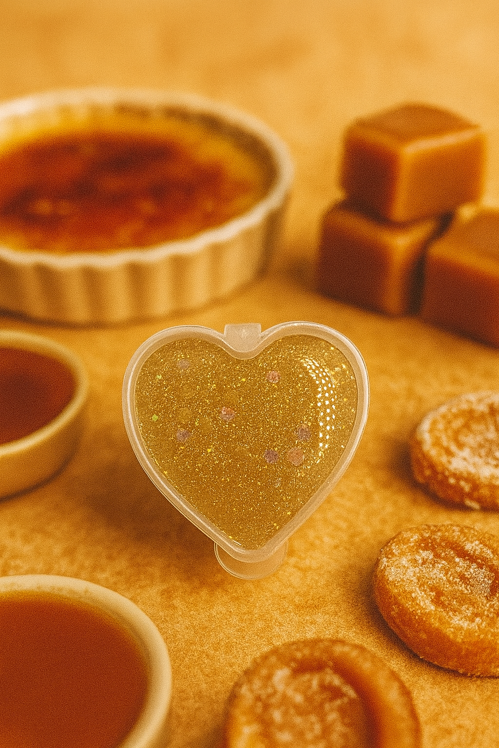 Gel wax melt in Caramel Brûlée scent featuring notes of caramel, brown sugar, vanilla, and salted butter for a rich, mouth-watering aroma.