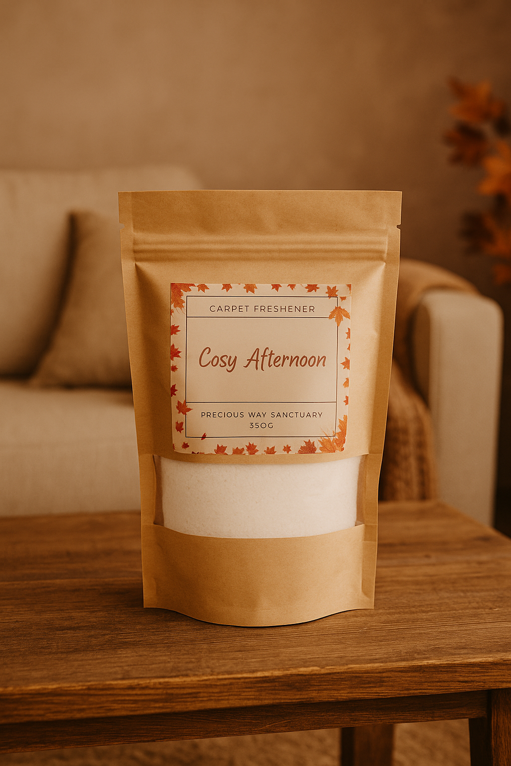 A container of Cosy Afternoon carpet freshener with a cozy design, featuring warm pumpkin, pecan waffles, caramel, and autumnal notes evoking a comforting, sunny fall afternoon.