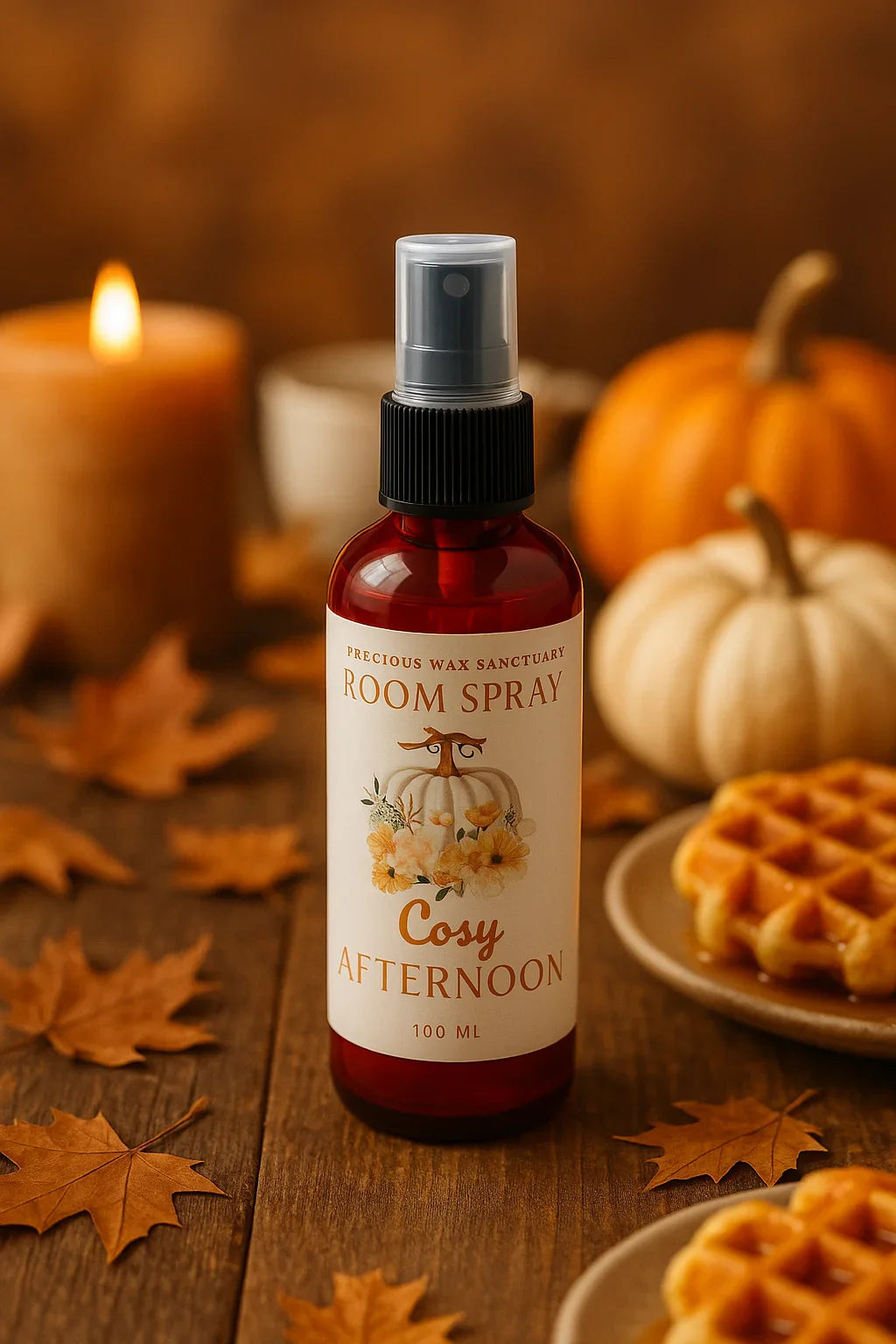 A cozy room spray called "Cosy Afternoon" with warm pumpkin, pecan waffles, caramel, and sunny notes, evoking autumn afternoons and inviting, comforting spaces.
