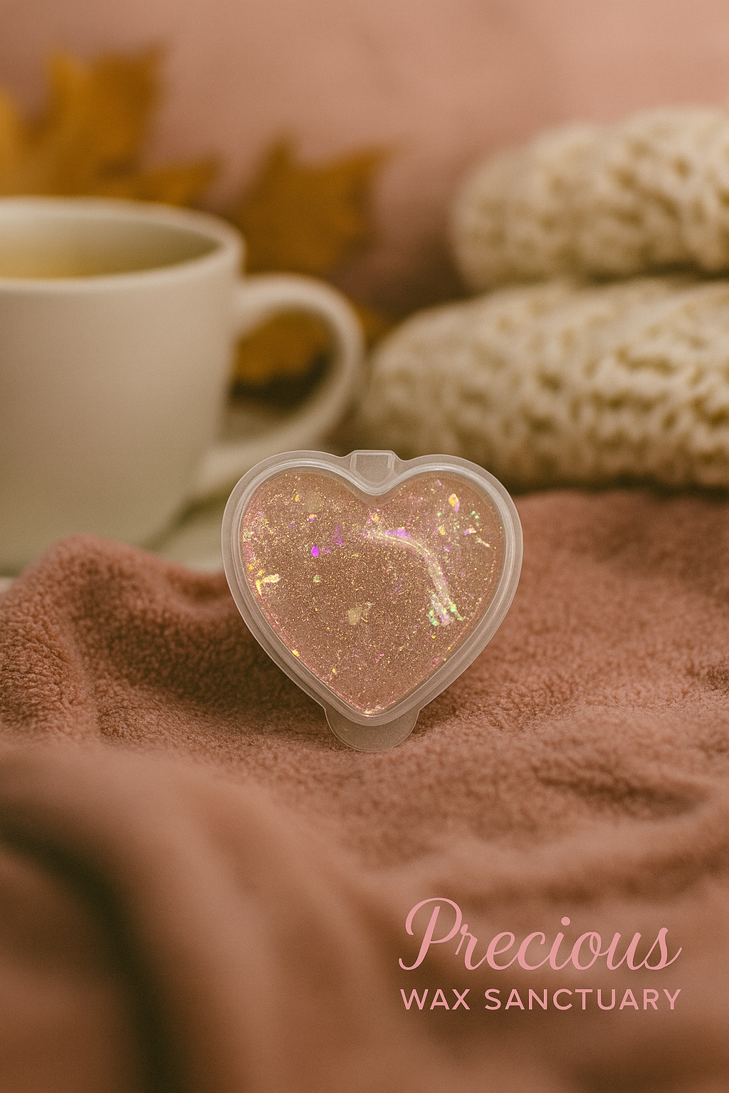 A luxurious gel wax container labeled "Amber Musk" featuring warm Moroccan amber, zesty orange, vanilla pods, patchouli, musk, and sandalwood, creating an alluring aroma.