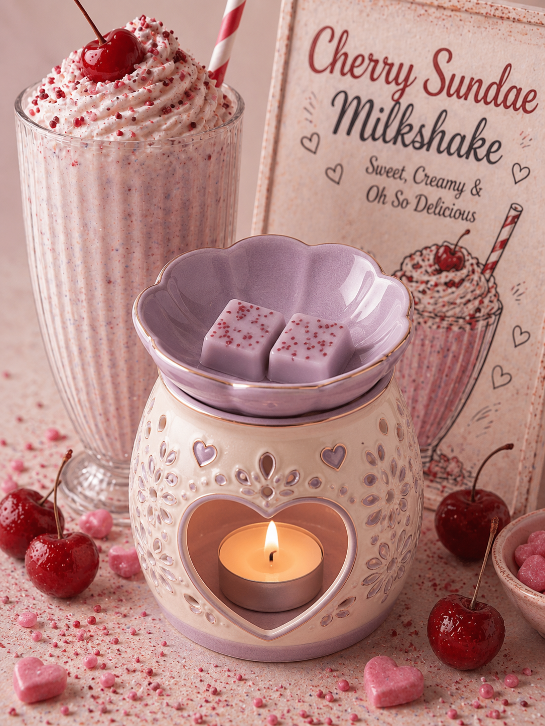 A cherry sundae milkshake wax warmer set on a pink surface, featuring a cream and lavender ceramic warmer with a lit tealight candle, lavender wax melt cubes, a glass of pink milkshake with whipped cream and a cherry, and a sign reading 'Cherry Sundae Milkshake'.