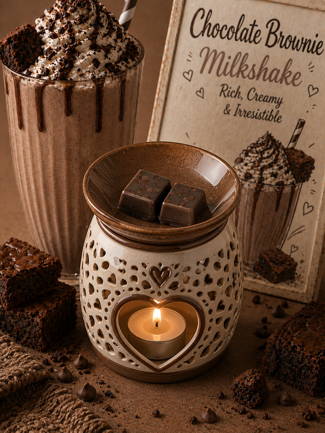 Chocolate brownie milkshake in burner with matching background theme.