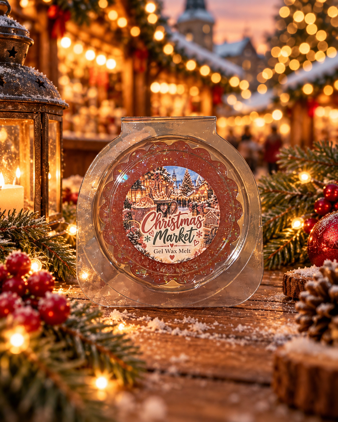 A round gel wax melt in a clear plastic clamshell package sits on a rustic wooden table surrounded by holiday decorations, including pine branches, red berries, a lantern, and warm string lights in the background.