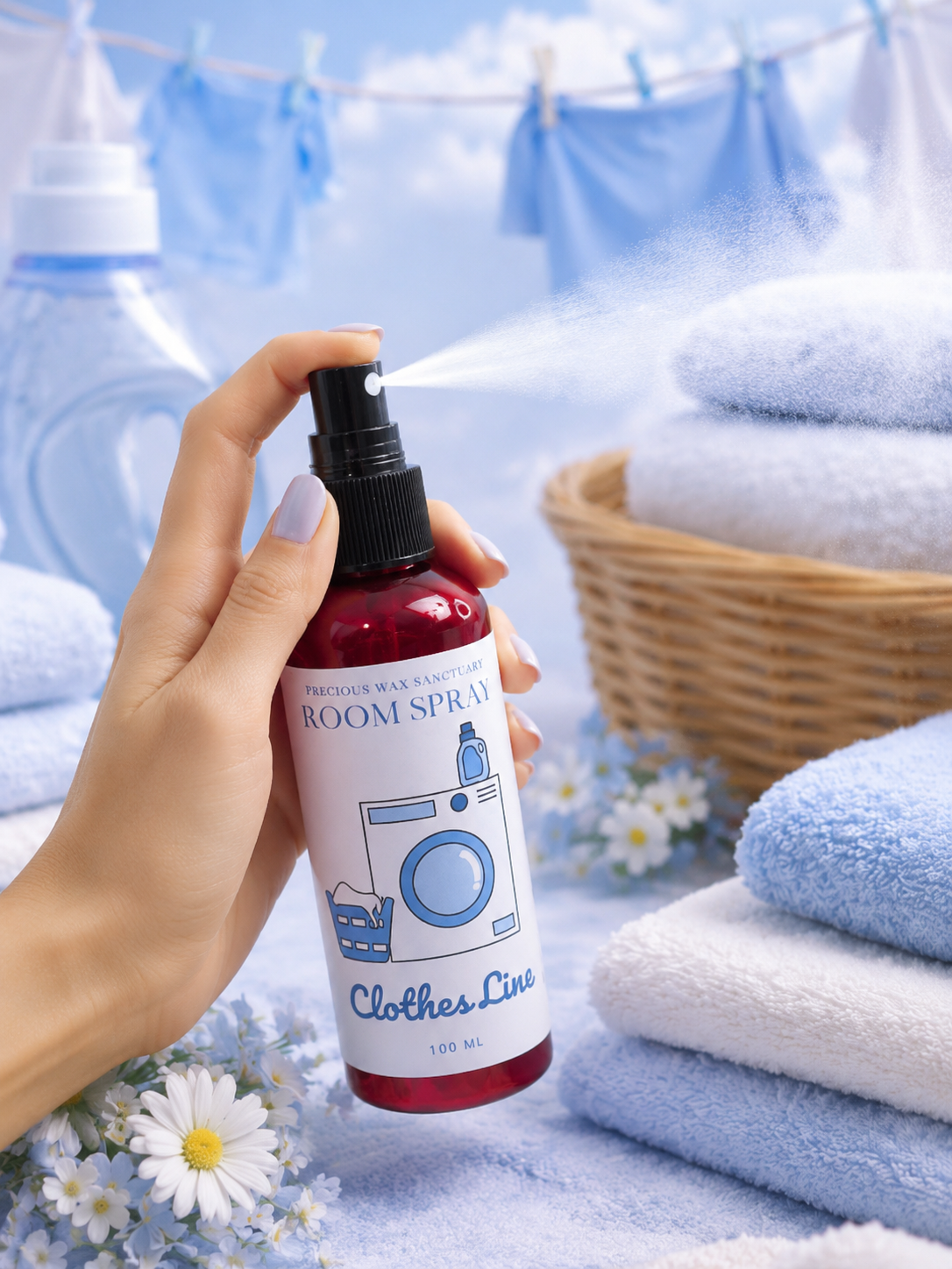 Clothes Line Room spray being spritzed with blue and white laundry background.