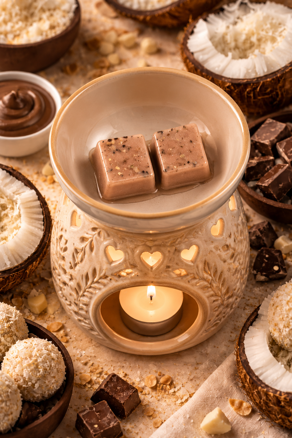 A beige wax warmer with heart-shaped cutouts and a lit tea light candle inside, holding two square wax melts. The warmer is surrounded by chocolate pieces, coconut halves, and rolled coconut treats on a beige fabric surface.