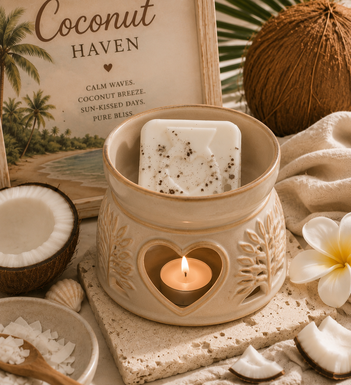 White wax melt in burner surrounded by coconut and beach decor.