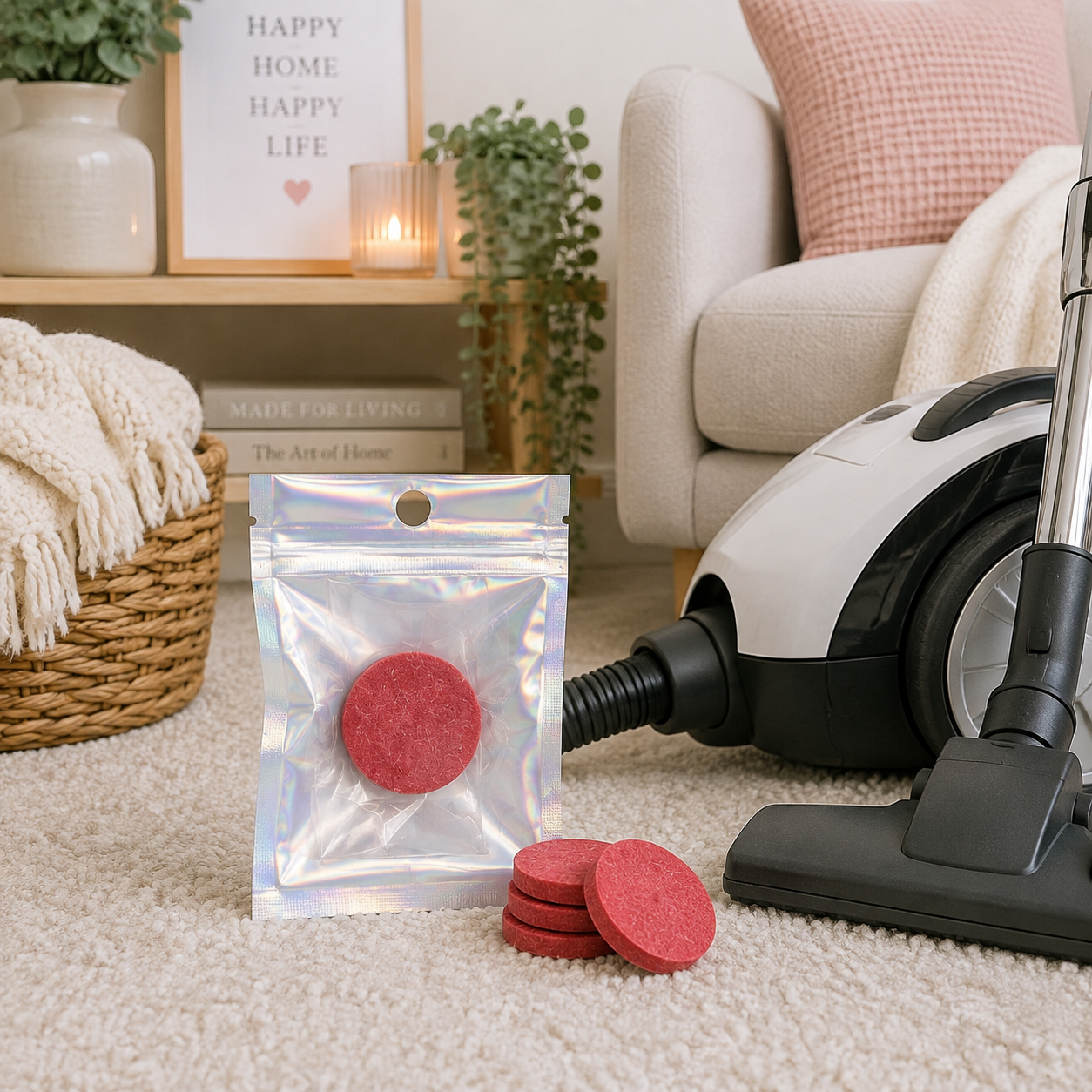 A silver holographic resealable pouch containing round red hoover discs pads, shown on a carpet next to a vacuum cleaner in a cozy living room setting.