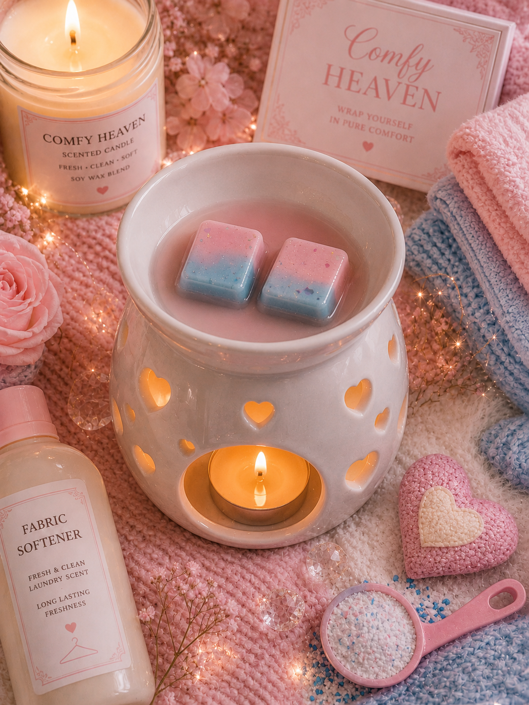 A cozy product arrangement featuring a white wax warmer with heart-shaped cutouts and two pink-and-blue gradient wax melts inside, lit with a small tea light candle. Surrounding it are a jar of Comfy Heaven scented candle, a bottle of fabric softener, folded pink and blue towels, a pink heart-shaped soap dish, and a pink card reading 'Comfy Heaven.