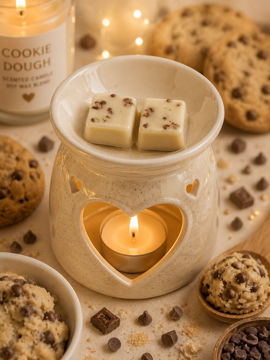 A ceramic wax warmer with a heart-shaped cutout in the front, lit with a small tea light candle inside. Two small cream-colored wax cubes with chocolate pieces are resting in the top dish.