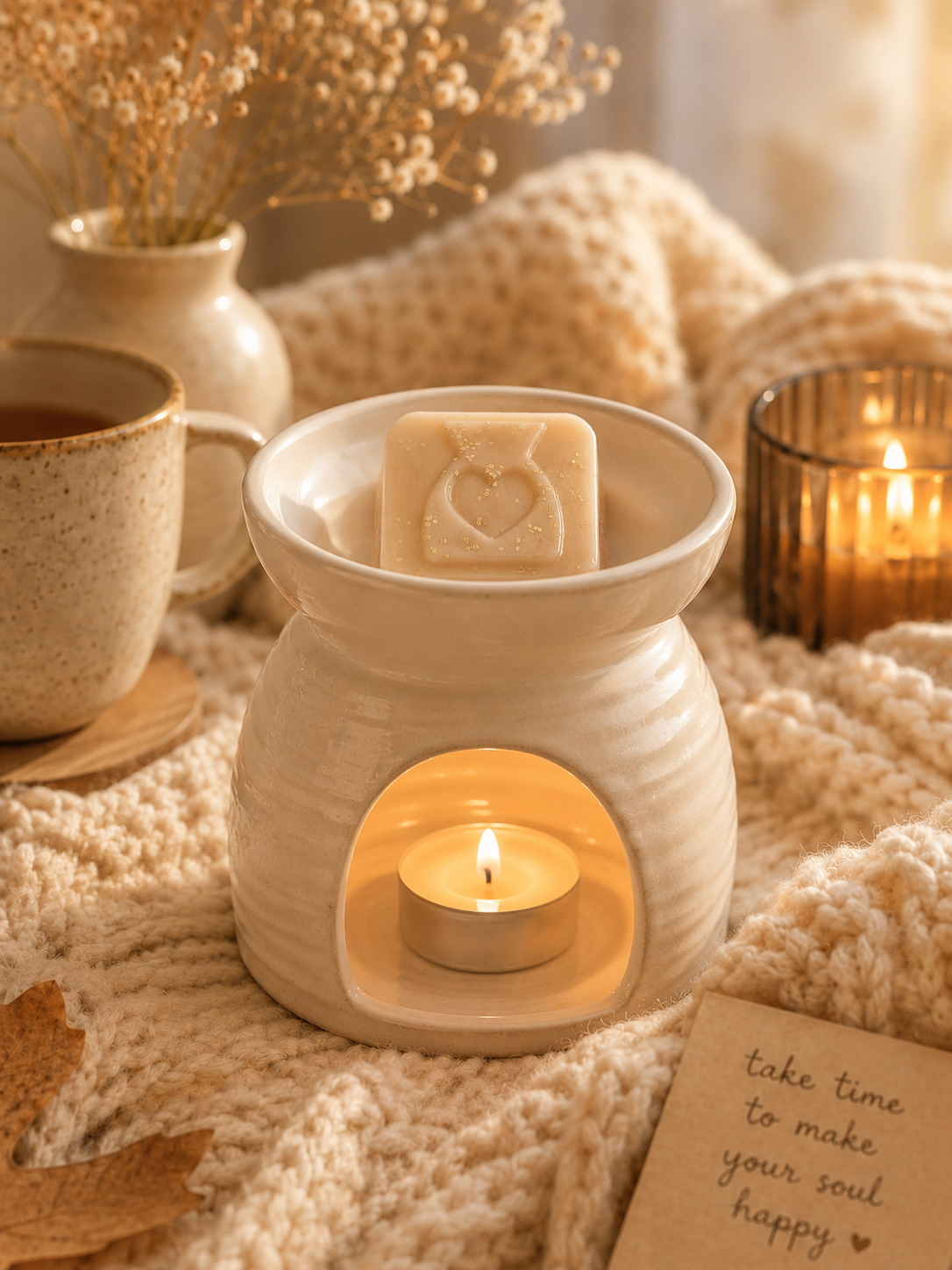 Cosy afternoon wax melt sample in burner with cosy background.